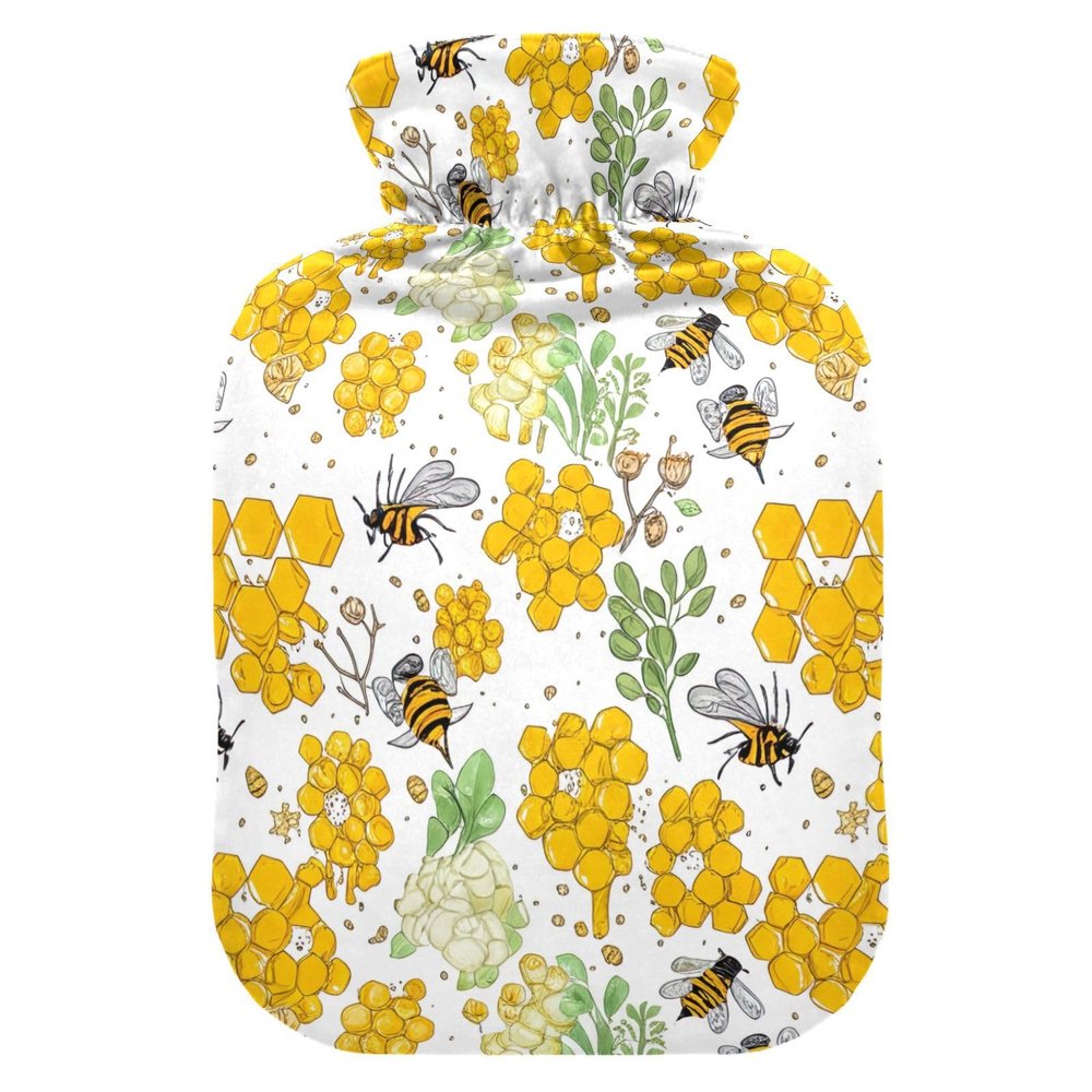 Honeycombs Bees Bright Hot Water Bottle with Soft Cover, Medium