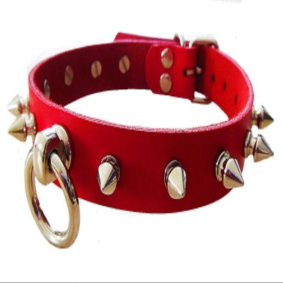 Terginum BDSM Leather Collar with Stainless Steel O-Ring, Adjustable, Unisex, Handmade (Red, L/XL)