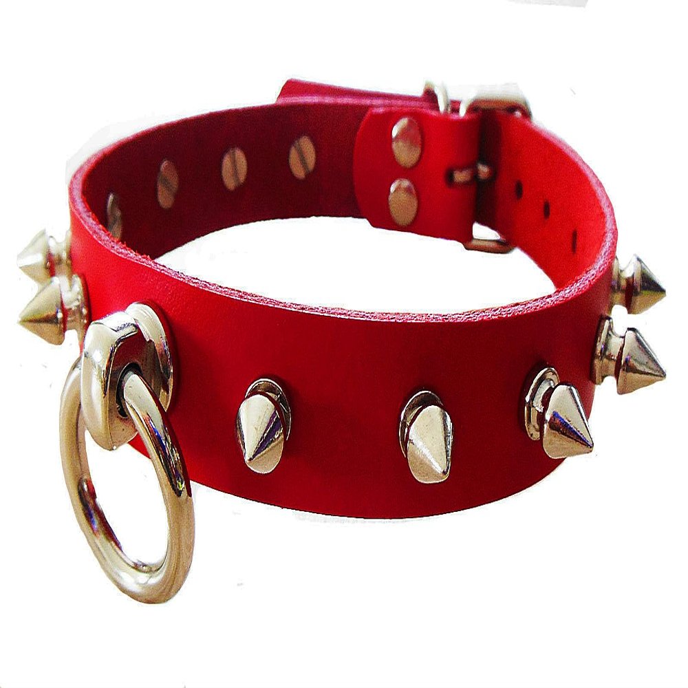 Terginum BDSM Leather Collar with Stainless Steel O-Ring, Adjustable, Unisex, Handmade (Red, L/XL)