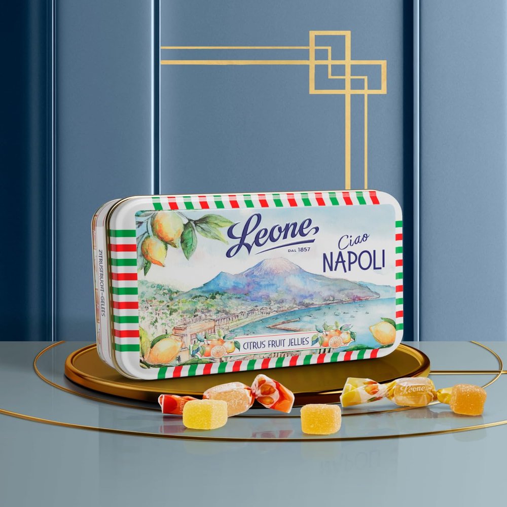 Leone Since 1857 Citrus Fruit Jelly Candies in Postcard Tin, Vegan and Gluten-Free, 200 g