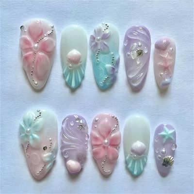 24 Press-On Nails with Holographic Seashell Accents, Gradient Ombre Design, ABS Material, Various Sizes