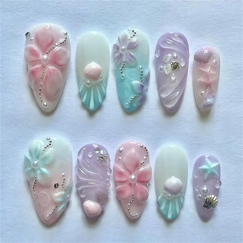 24 Press-On Nails with Holographic Seashell Accents, Gradient Ombre Design, ABS Material, Various Sizes