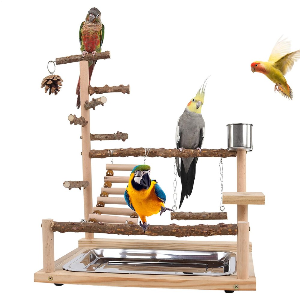 Wooden Bird Playground with Swing, Training Stand and Beak-Chewing Station for Parakeets
