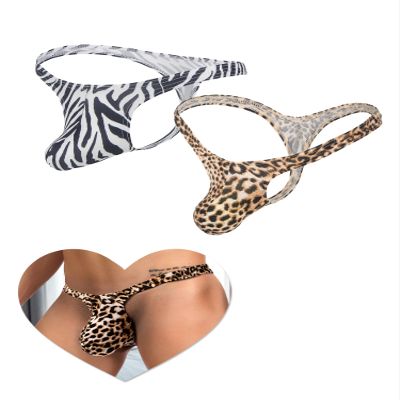 ohyeahlady 2-Pack Men's String Thongs, Open-Crotch, Low-Rise, White + Leopard, Size L
