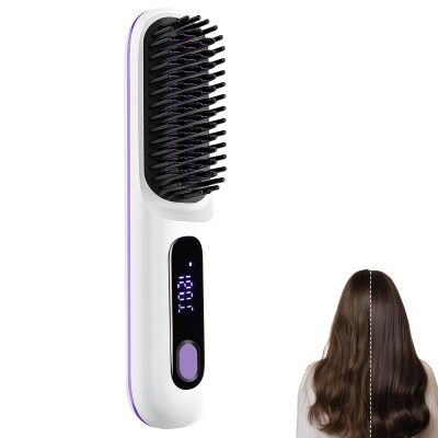 Cordless Hair Straightening Brush with Ceramic Bristles, Rechargeable Styling Brush for Precise Straightening and Volume, Ideal for Women and Travel (White)