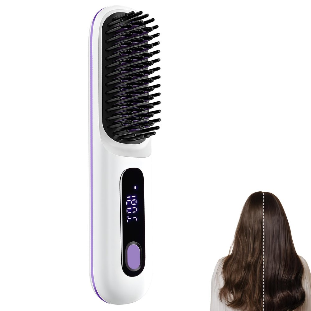 Cordless Hair Straightening Brush with Ceramic Bristles, Rechargeable Styling Brush for Precise Straightening and Volume, Ideal for Women and Travel (White)