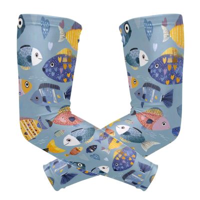 Decorative Gift Cartoon Arm Sleeves for Men, Colorful Fish, Blue, 1 Pair, UV Sun Protection, Compression Sleeves for Running and Soccer