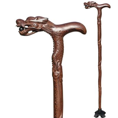 MRVAKDYDI Handcrafted Wooden Cane with Carved Dragon Head Handle, Quad Base, 92 cm/36 in
