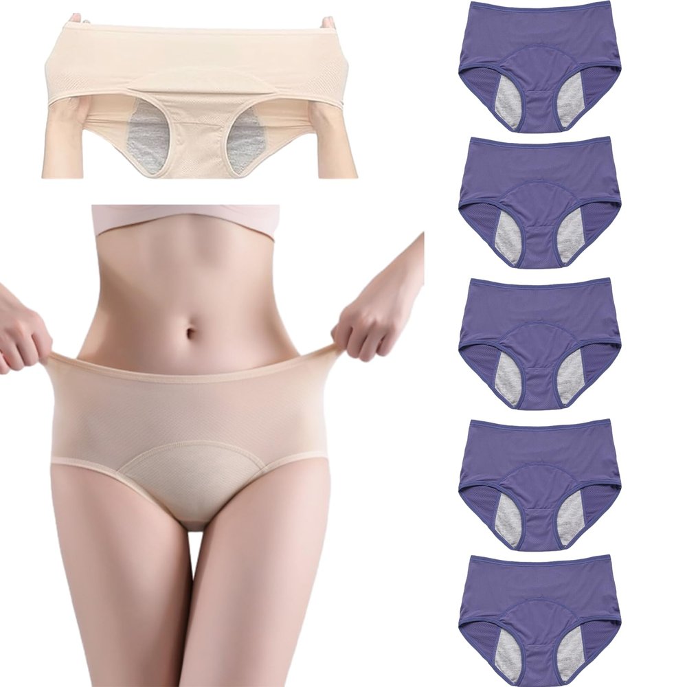 Women's Washable Incontinence Underwear, High-Waisted Leakproof Cotton Briefs, Blue, S