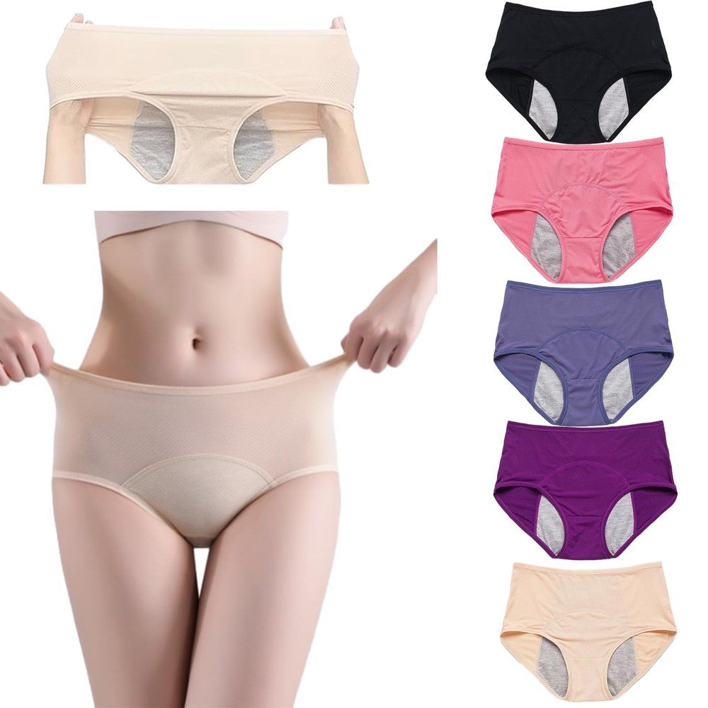 Women's Washable Incontinence Underwear, High-Waisted Cotton Protective Briefs, 5-Piece Set B, XS