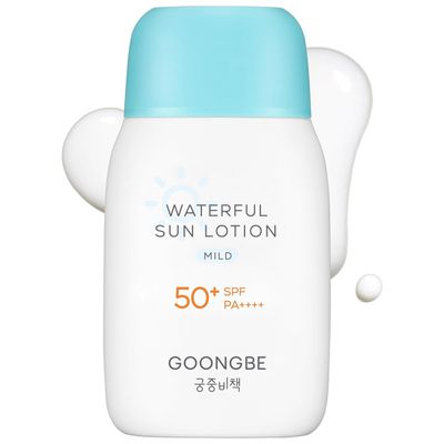 GOONGBE Waterful Sun Lotion Mild SPF 50 - Water-Resistant Mineral Sunscreen with Zinc Oxide for Babies, Children and Adults - Hypoallergenic, Vegan, Reef-Friendly, 80 g
