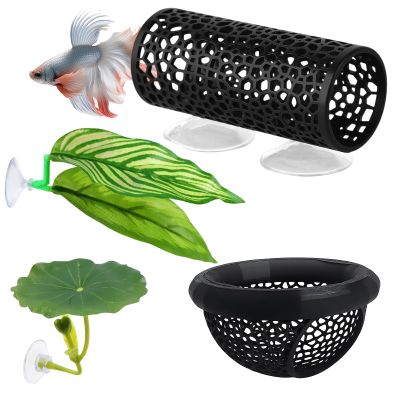 4-Piece Aquarium Decor Set with Betta Rest Tunnel, Feeding Ring, and Artificial Plants