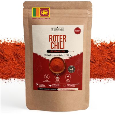 MrCOLOMBO Unroasted Chili Powder 100 g, Sri Lanka | Finely Ground Red Chili, Hot and Fruity | For Curry, Salsa, Marinades, Stir-Fries and Sauces | Single-Origin, Vegan, Gluten-Free | Directly Imported from Ceylon
