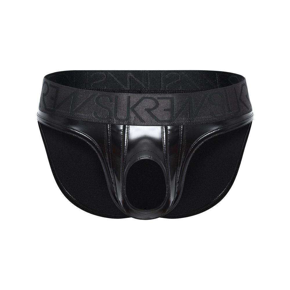 SUKREW Men's Wet Look U-Style Brief, Black, Size L