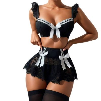 Women's Black PU Leather Halter Crop Top and Pencil Skirt Lingerie Set