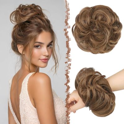 FESHFEN Curly Messy Bun Hairpiece with Elastic Band, Toffee Blend, 55 g