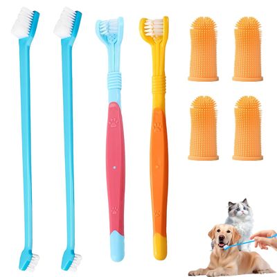 JIRVEX 8-Piece Dog and Cat Toothbrush Set with Triple-Head, Double-Head and Finger Toothbrushes