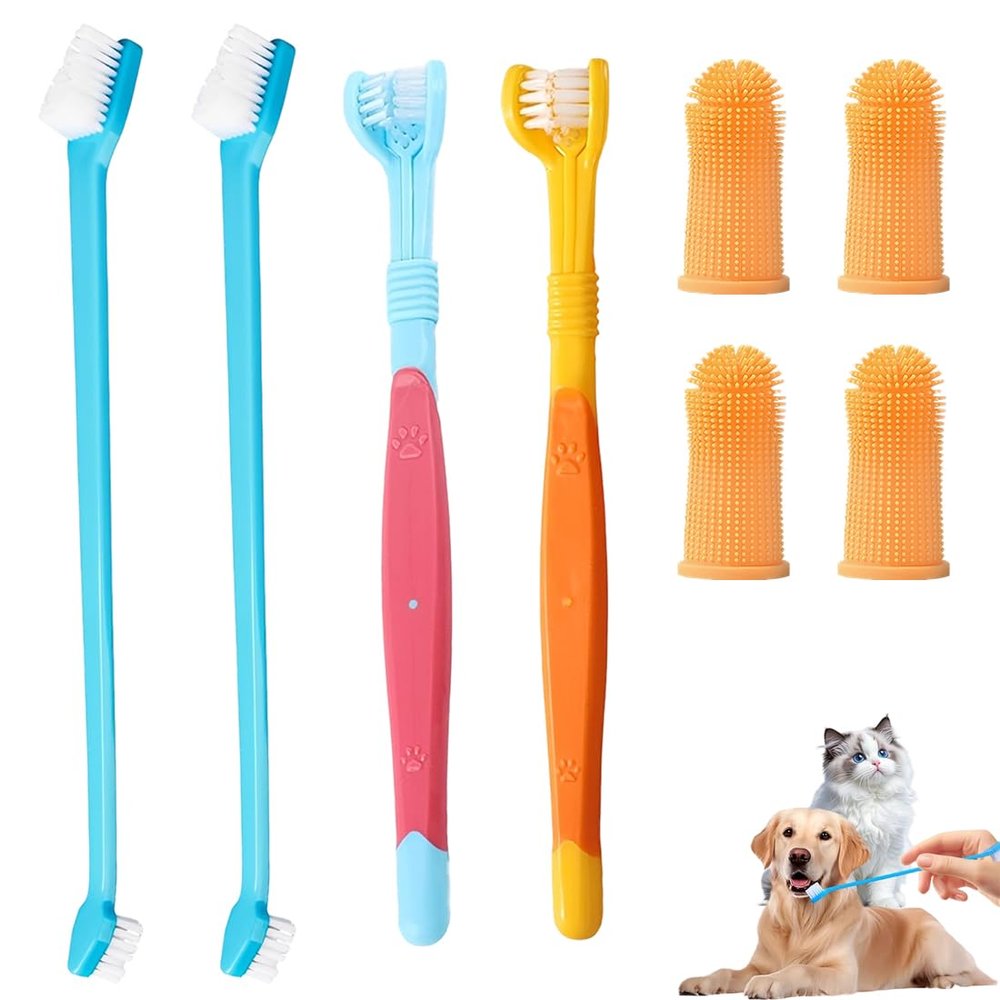 JIRVEX 8-Piece Dog and Cat Toothbrush Set with Triple-Head, Double-Head and Finger Toothbrushes