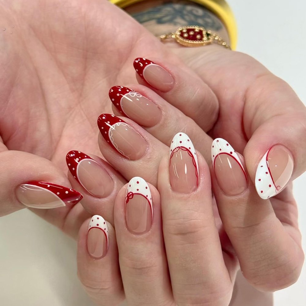Ceboic 24-Piece Medium Almond Press-On Nails, Red with White Dots and Pink French Tips