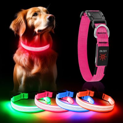 Weesiber Rechargeable USB LED Dog Collar, 3 Light Modes, Adjustable, Reflective, with D-Ring, Pink, S