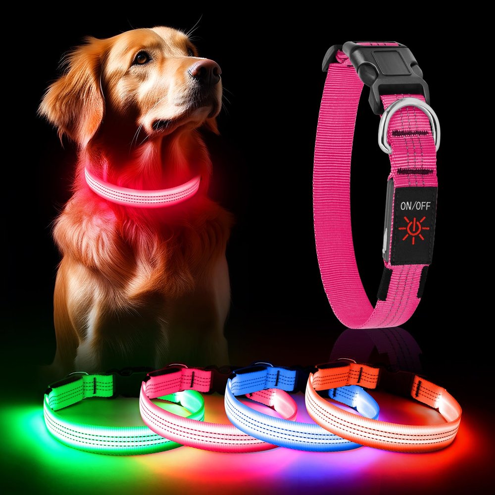 Weesiber Rechargeable USB LED Dog Collar, 3 Light Modes, Adjustable, Reflective, with D-Ring, Pink, S