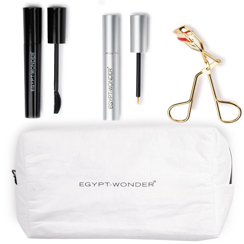 EGYPT-WONDER Beauty Set: Water-Resistant Mascara, Lash Serum, Gold Eyelash Curler & Cosmetic Bag