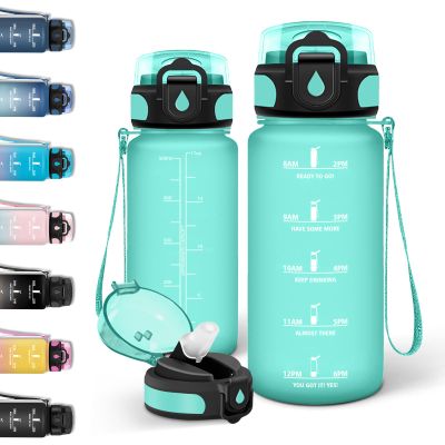 Motswedi 0.5 L Water Bottle, Carbonated-Drink Compatible, with Straw, Leakproof Lock, Time Markers, Blue & Green