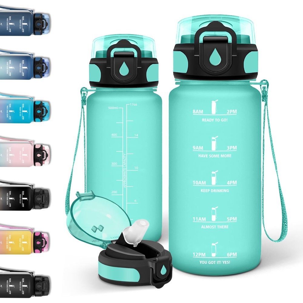 Motswedi 0.5 L Water Bottle, Carbonated-Drink Compatible, with Straw, Leakproof Lock, Time Markers, Blue & Green