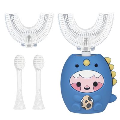 Jonuin 360 Kids’ Ultrasonic Toothbrush, U-Shaped Electric Toothbrush with 2 U-Shaped Silicone Brush Heads and 2 Soft Brush Heads, for Ages 2–12 (Blue 2)