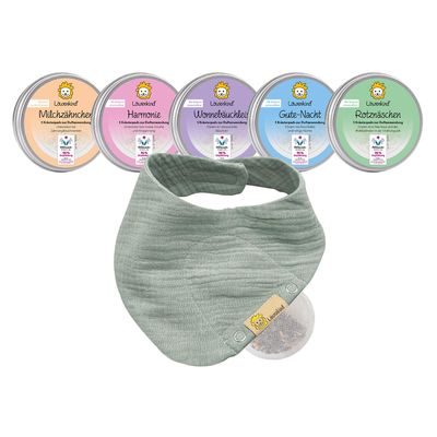 LÖWENKIND All-in-One Set for Common Childhood Complaints | Colds, Teething, Sleep, Tummy Discomfort, Restlessness | 5 x 5 Natural Herb Pads | Organic Cotton Muslin Neck Scarf (Pistachio)