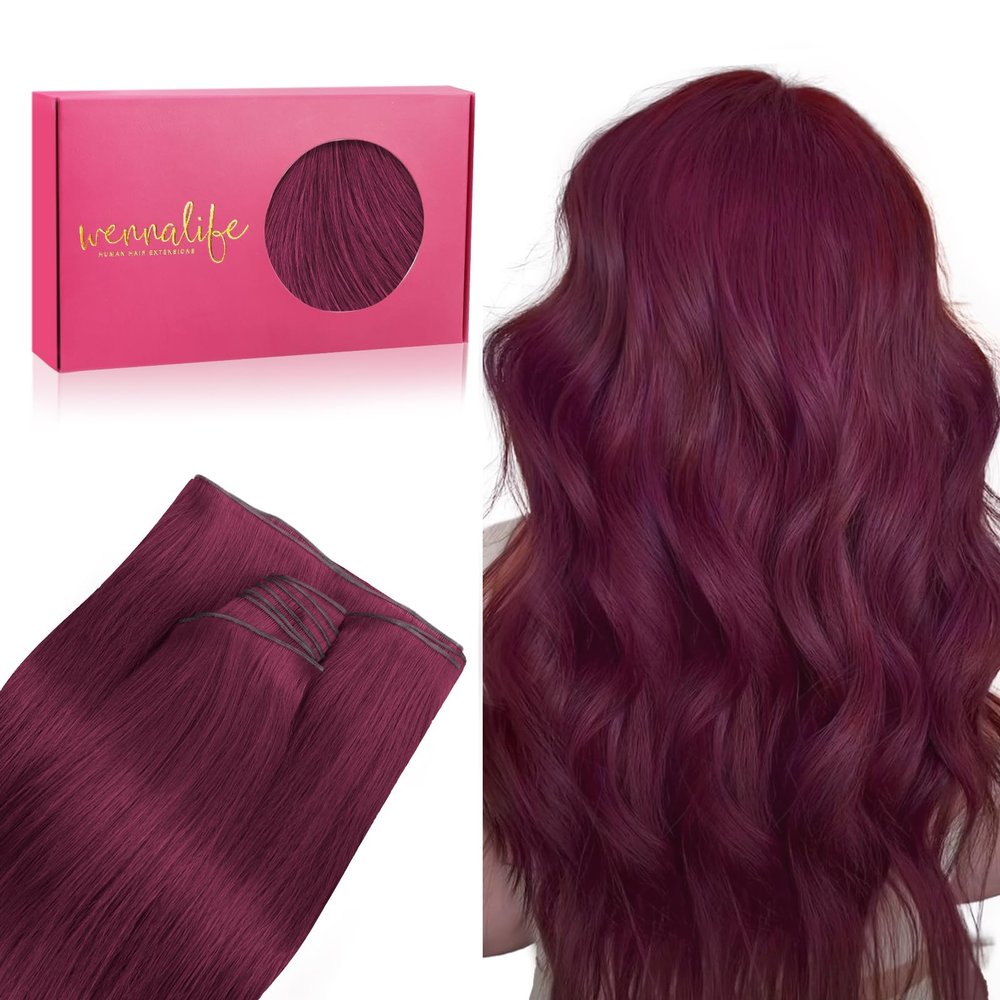 WENNALIFE Genius Invisible Weft Human Hair Extensions, 40 cm, 50 g, Light Burgundy
