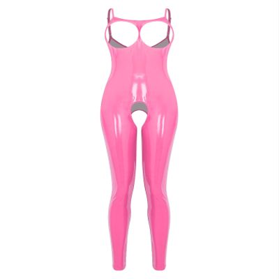 Freebily Women's Wetlook Catsuit Open Bust and Crotch Pink 3XL