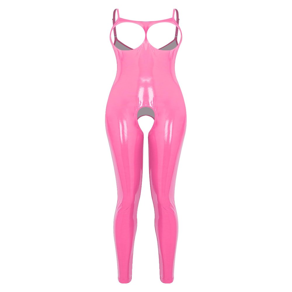 Freebily Women's Wetlook Catsuit Open Bust and Crotch Pink 3XL