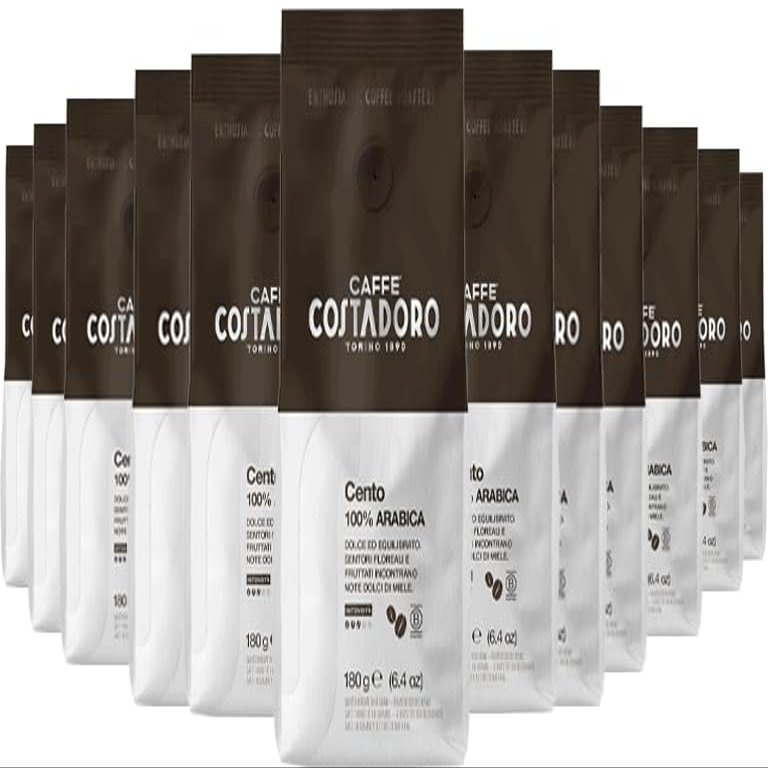 Costadoro Cento Ground Coffee for Moka Pots, 100% Arabica Blend, 12 Bags of 180 g, Sweet and Balanced Flavor, Italian Quality