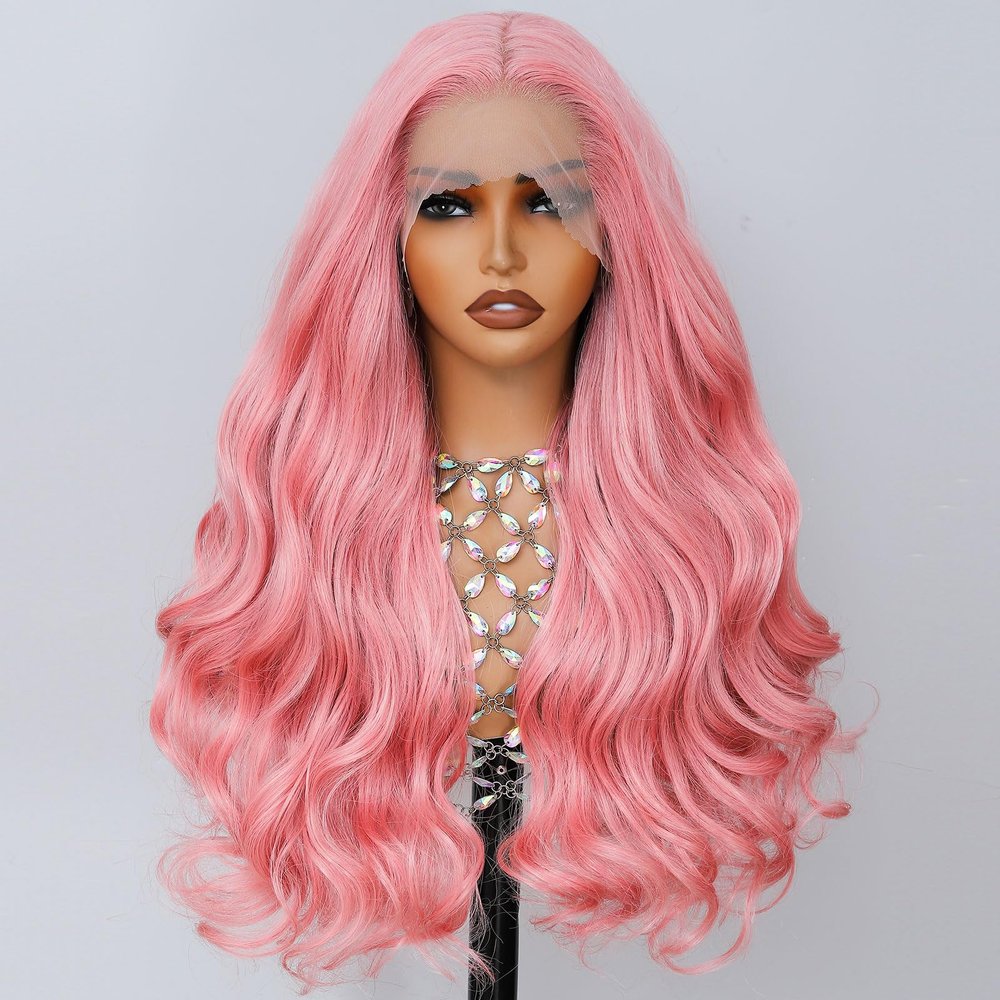13x6 Lace Front Wig, 26-Inch Long Wavy Synthetic Pink Hair