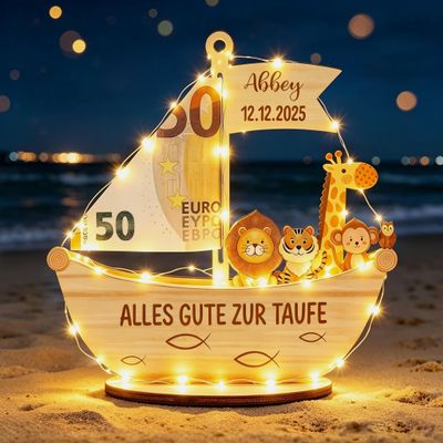 Baptism Gift for Boys and Girls with LED Lights, Wooden Sailboat Money Gift, Personalized DIY Name