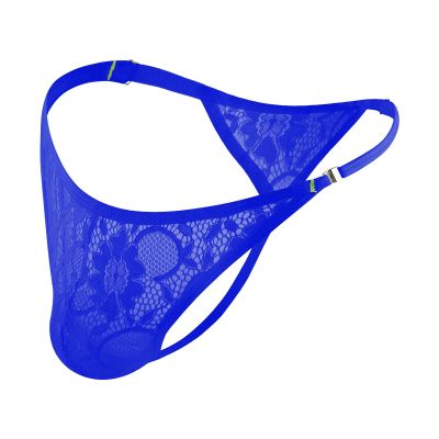 CEWIFO Gay Men's Lace Thong Briefs with Breathable, Open-Side Design (Blue, XL)