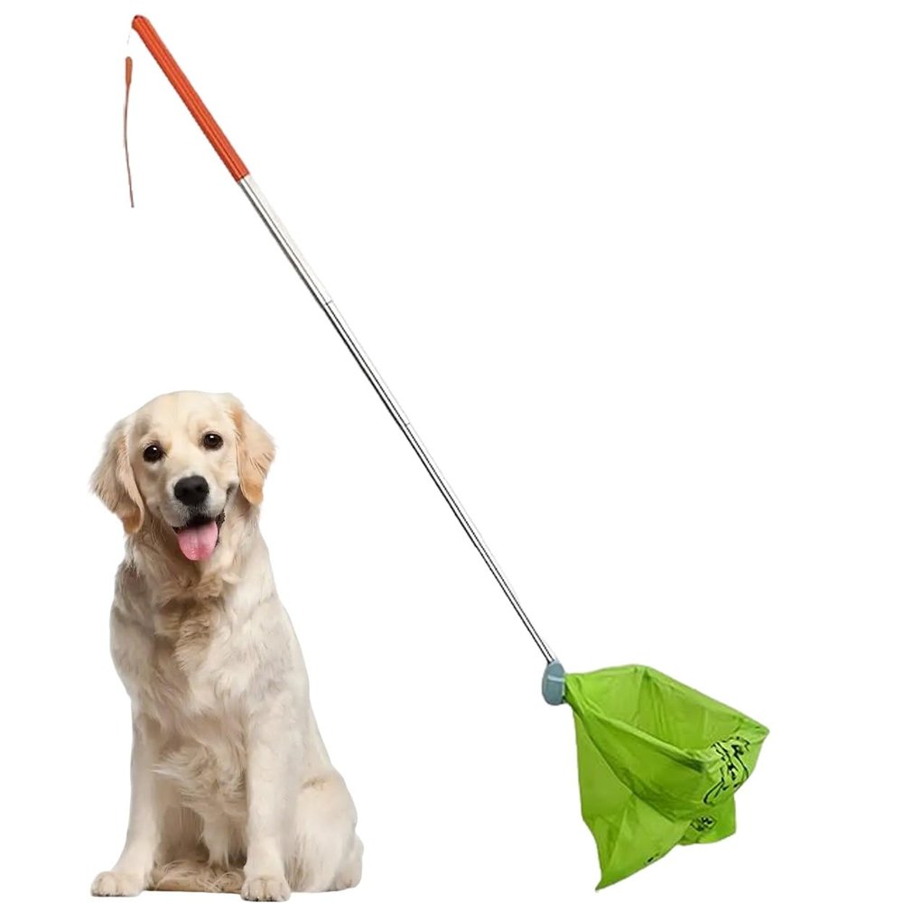 FRYSKYO Dog Pooper Scooper, Telescoping Dog Waste Collector with Long Handle and Waste Bag, Self-Adhesive and Foldable, for Walks, Lawns, Grass, Dirt, and Gravel (L)