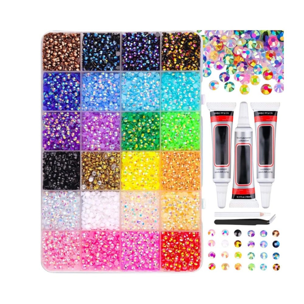 Rhinestone Set with Glue and Pickup Pen, 24 Colors, 30,000 3 mm Flat Resin Rhinestones