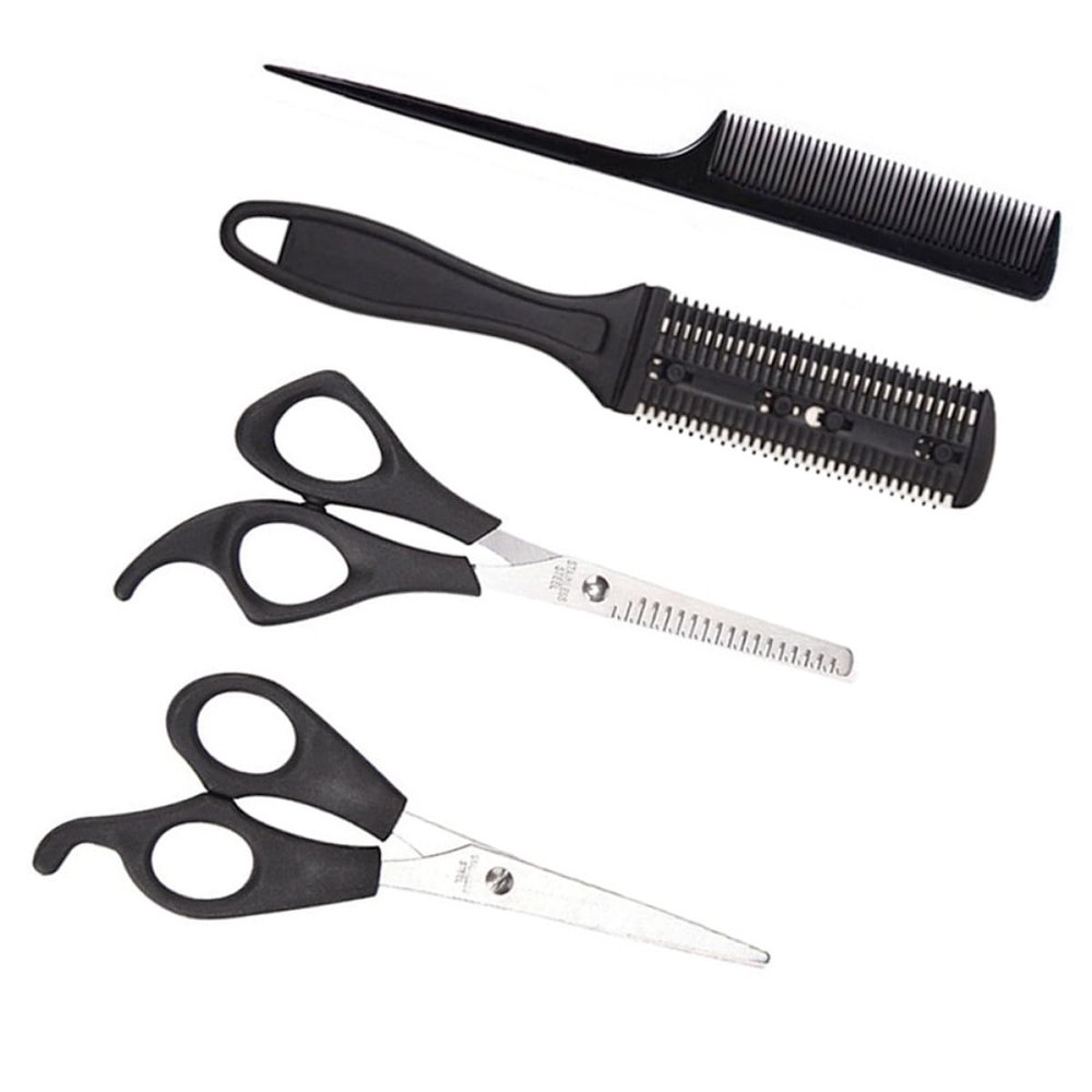 OSALADI 4-Piece Stainless Steel and Plastic Hair-Cutting Set with Scissors and Comb, Black