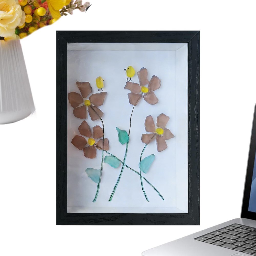 Huayeex Sea Glass Tabletop Picture Frame with Floral and Bird Motif