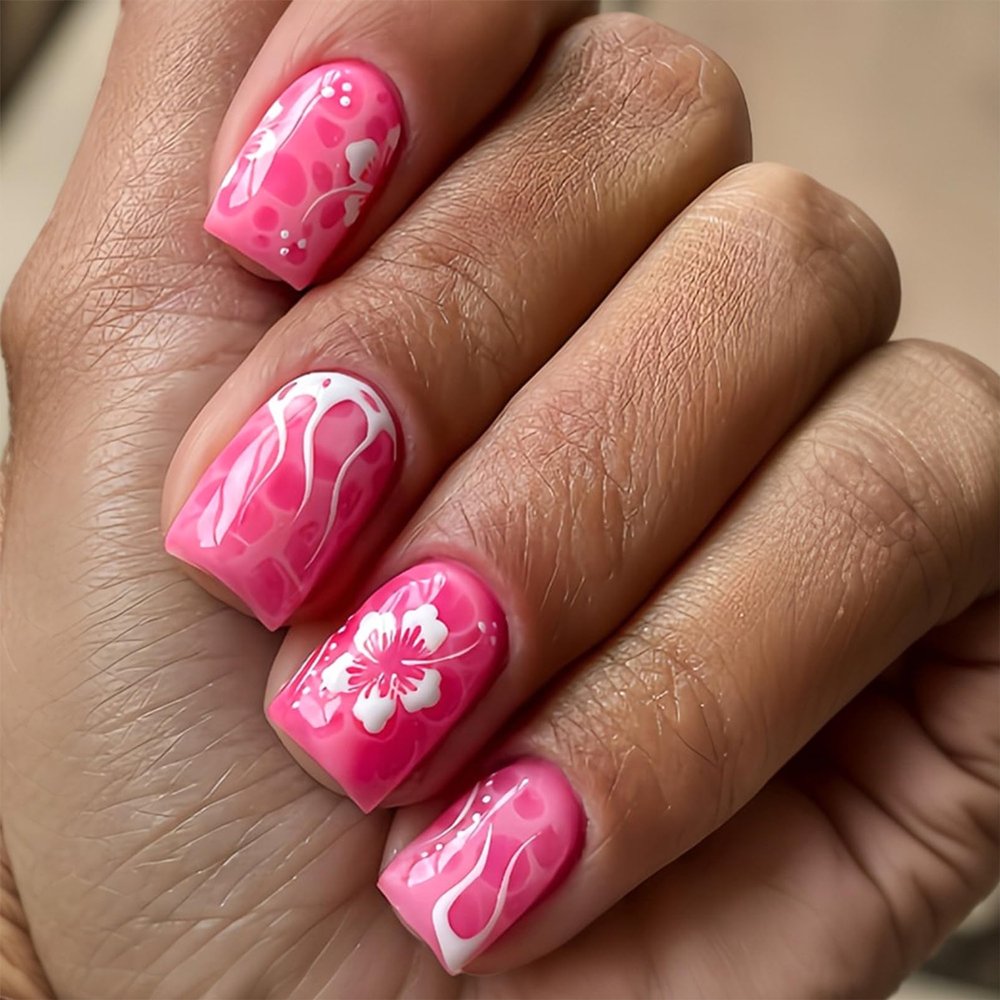 Short Square Press-On Nails with Pink Blooming Flowers, 24-Piece Set