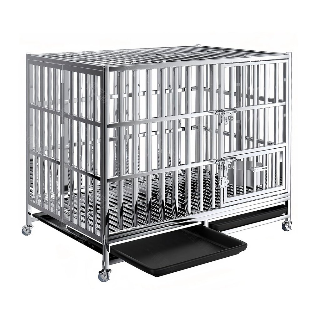 Large Dog Crate with Swivel Casters and Stainless Steel Tray, 3-Door Design (125" L x 79" W x 110" H)