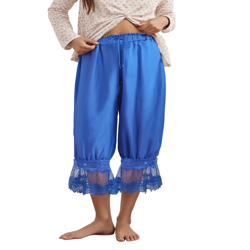 Anuedgis Y2K Women's Cropped Pajama Pants with Lace Trim, Elastic Waist, and Ruffles, A-Blue, Size 36