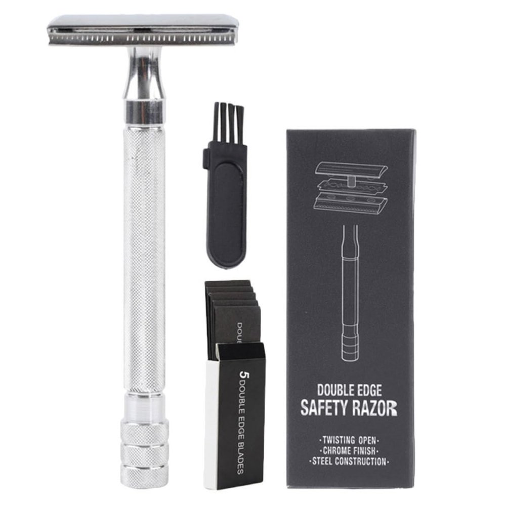 BETOOKY Stainless Steel Double-Edge Safety Razor with Non-Slip Handle, Compact and Travel-Friendly, with Storage Box