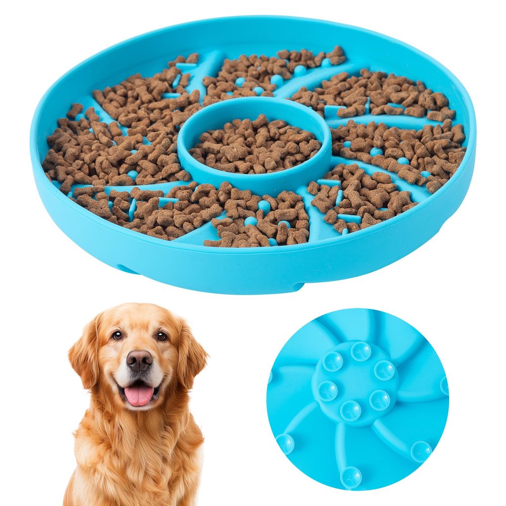 Slow Feeder Dog Bowl, Silicone Labyrinth Design with Suction Cups, 19 cm, 500 mL, Blue