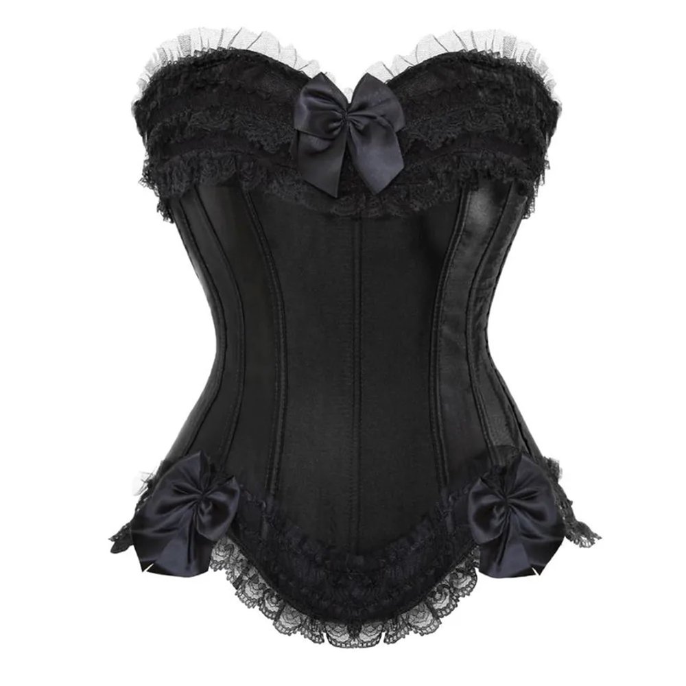 Women's Plus-Size Satin Overbust Corset Top with Lacing and Zipper, Black, 2XL