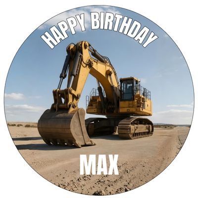 Edible Cake Topper with Custom Text, Birthday, Excavator, Tractor, Construction Site (18 cm, Wafer)