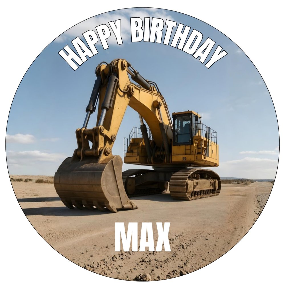 Edible Cake Topper with Custom Text, Birthday, Excavator, Tractor, Construction Site (18 cm, Wafer)