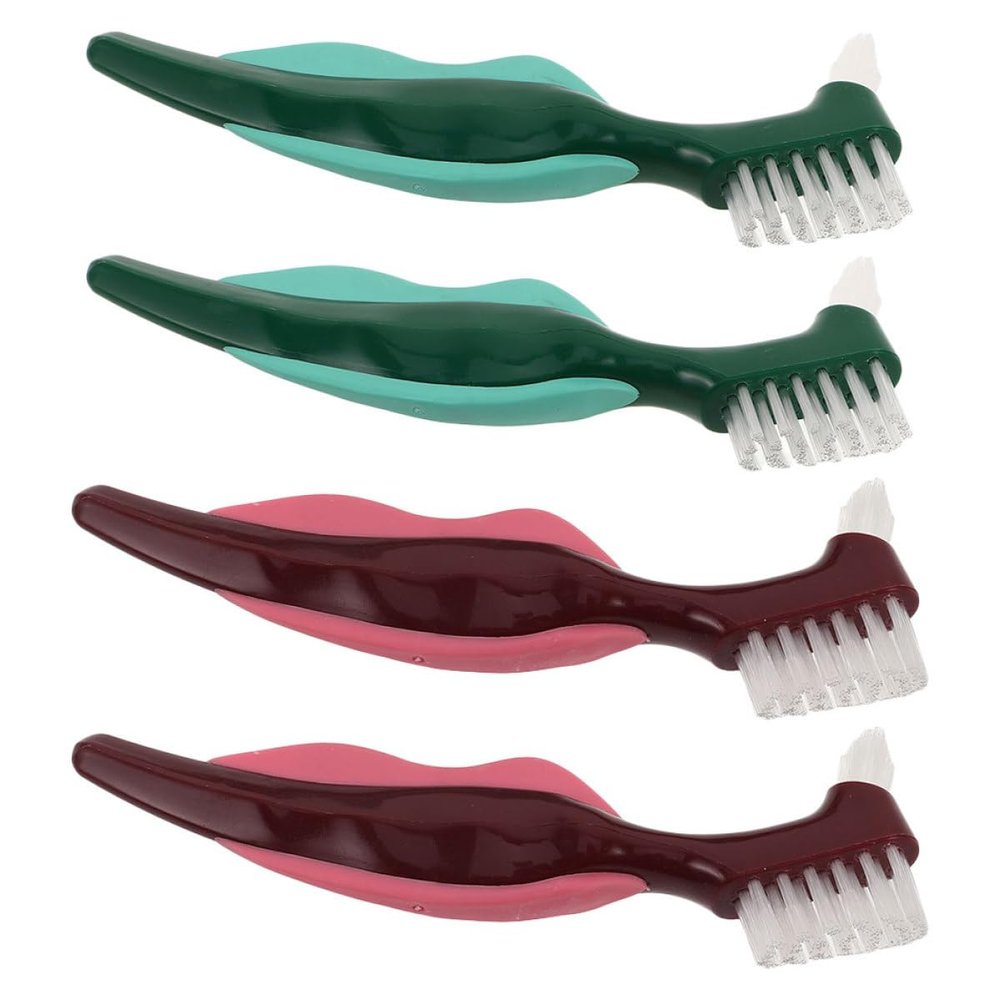 HINTRMENT 4-Pack Denture Brushes with Firm Nylon Bristles and Dual Brush Heads, Non-Slip PP Handles